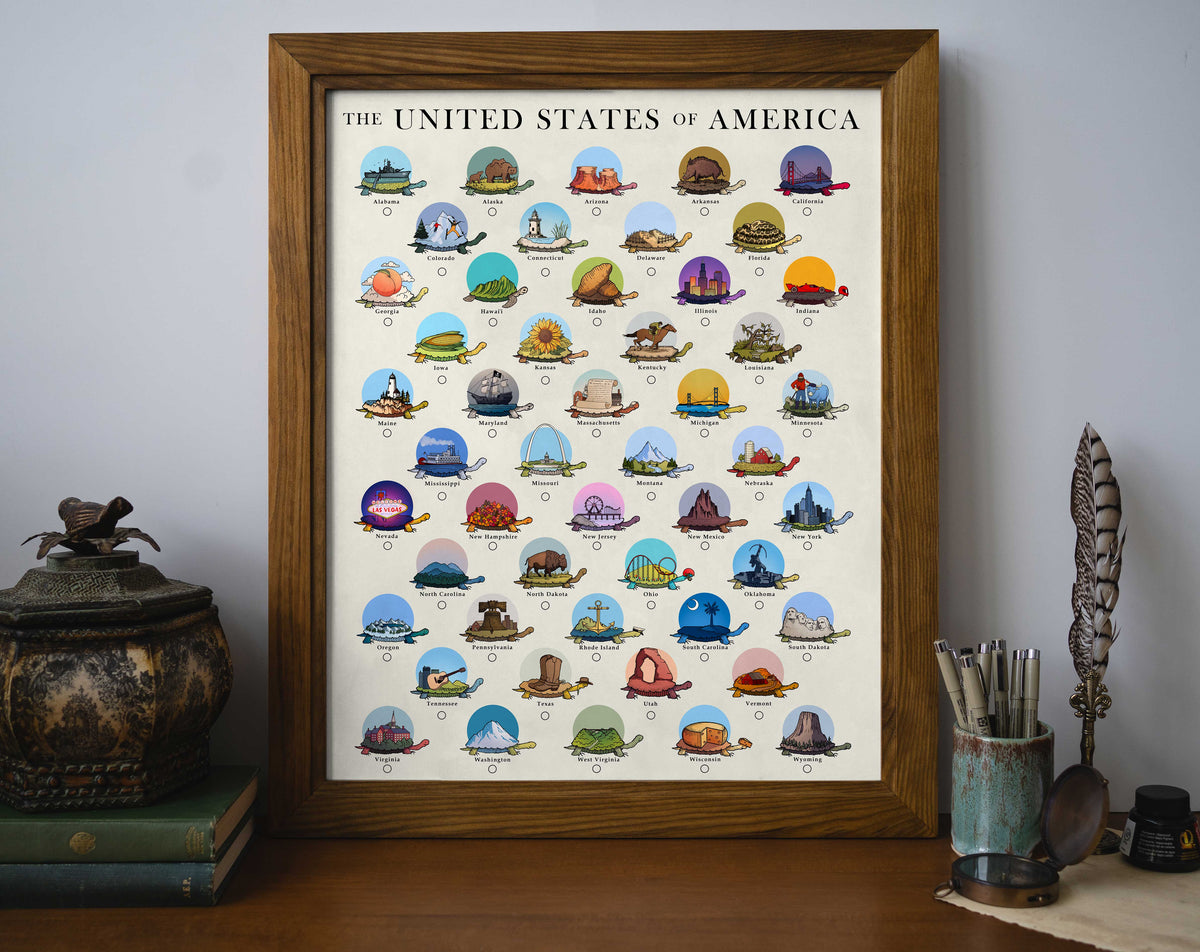 A Lord of Maps National Parks Poster (Check Off) sits framed on a wooden desk alongside books, pens, and a decorative feather, featuring a grid design where you can mark each visited U.S. park.