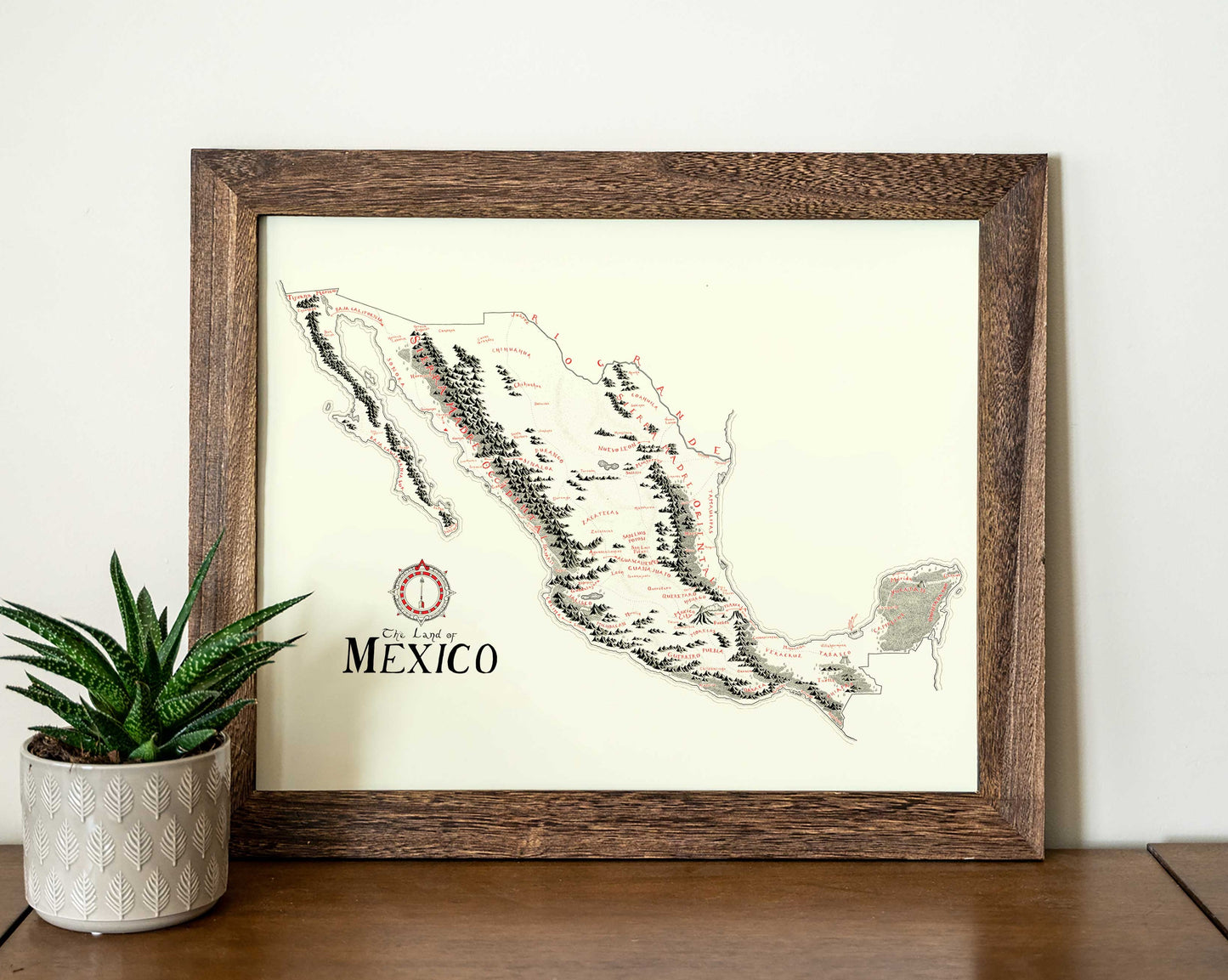 The Mexico Map by Lord of Maps is a framed hand-drawn print with handwritten-style labels and muted colors, displayed on a wooden surface beside a small potted succulent for a decorative touch.