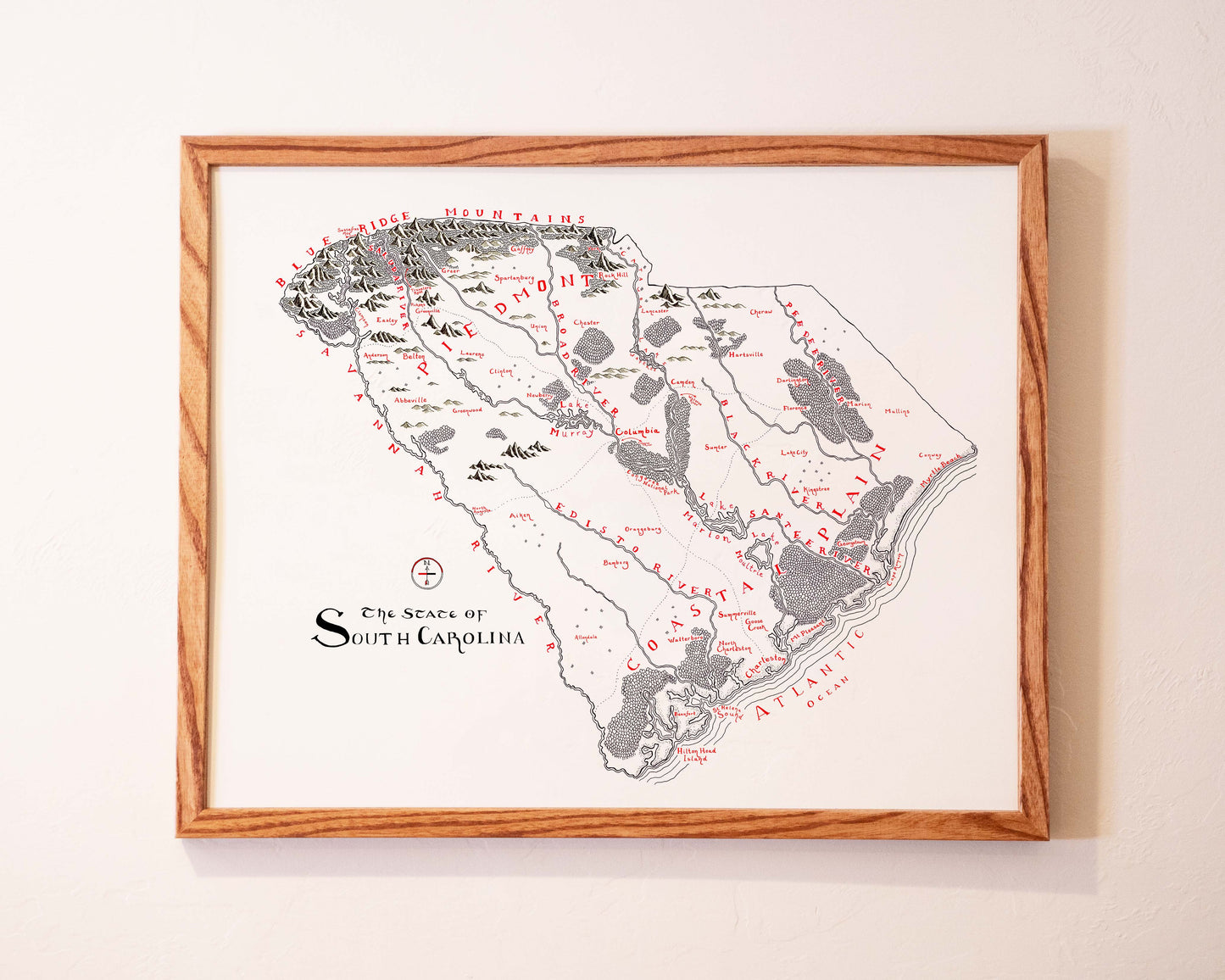 Framed illustrated map of South Carolina showing geographic features, rivers, and cities in black and red text, hanging on a light-colored wall.