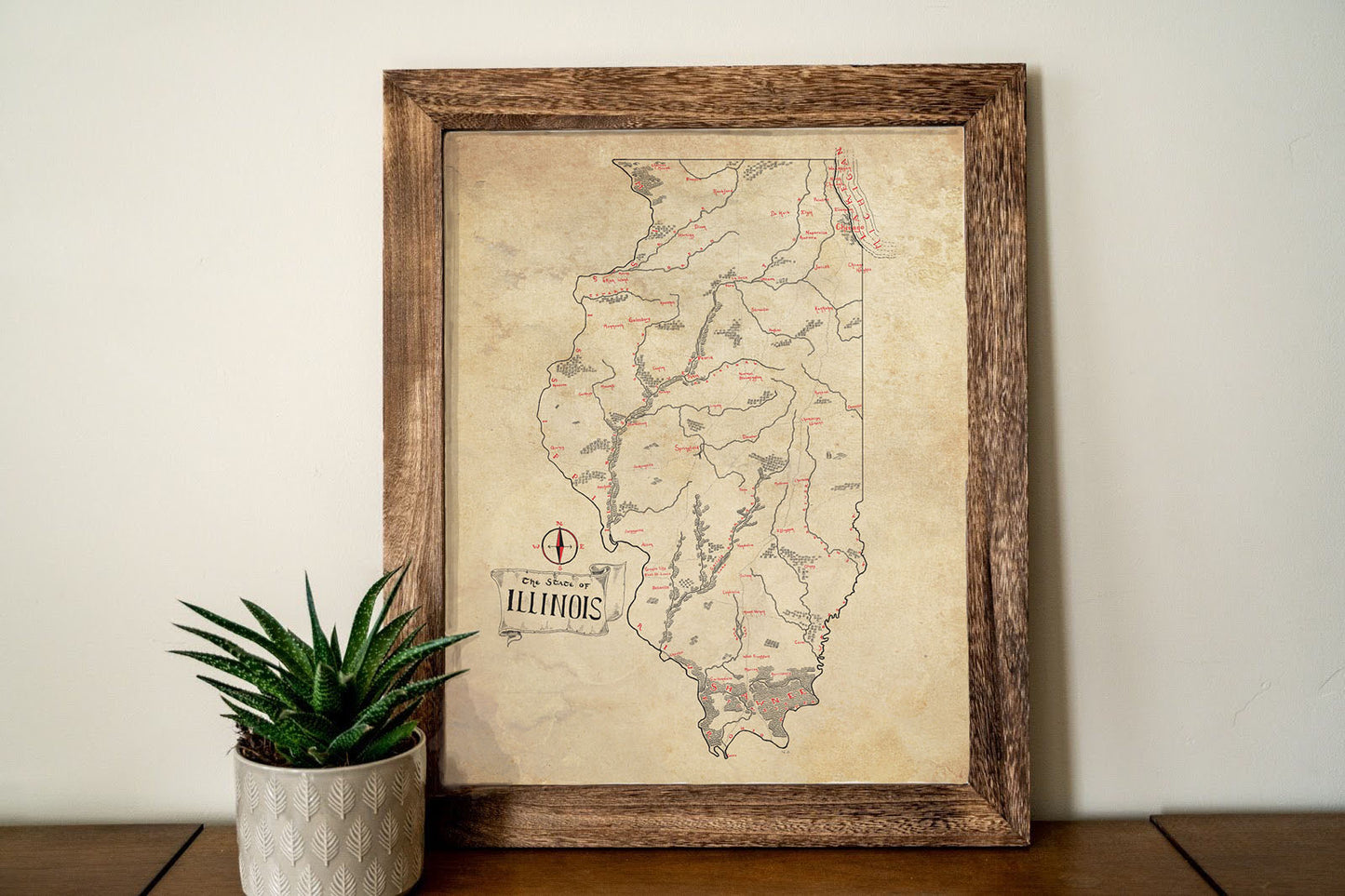The Illinois Map by Lord of Maps is a framed vintage-style hand-drawn map featuring a compass rose, shown on a wooden surface beside a potted succulent against a plain white wall.