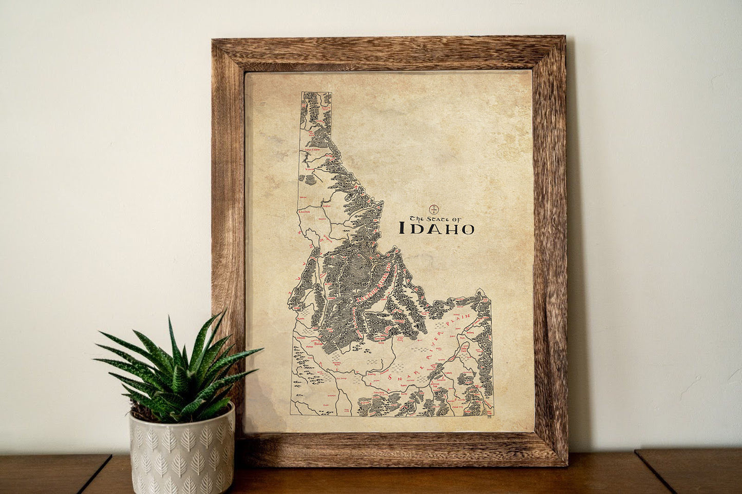 The Lord of Maps Idaho Map, a vintage-style framed print, hangs above a green potted succulent on a wooden surface, adding unique wall art to a cream-colored room.