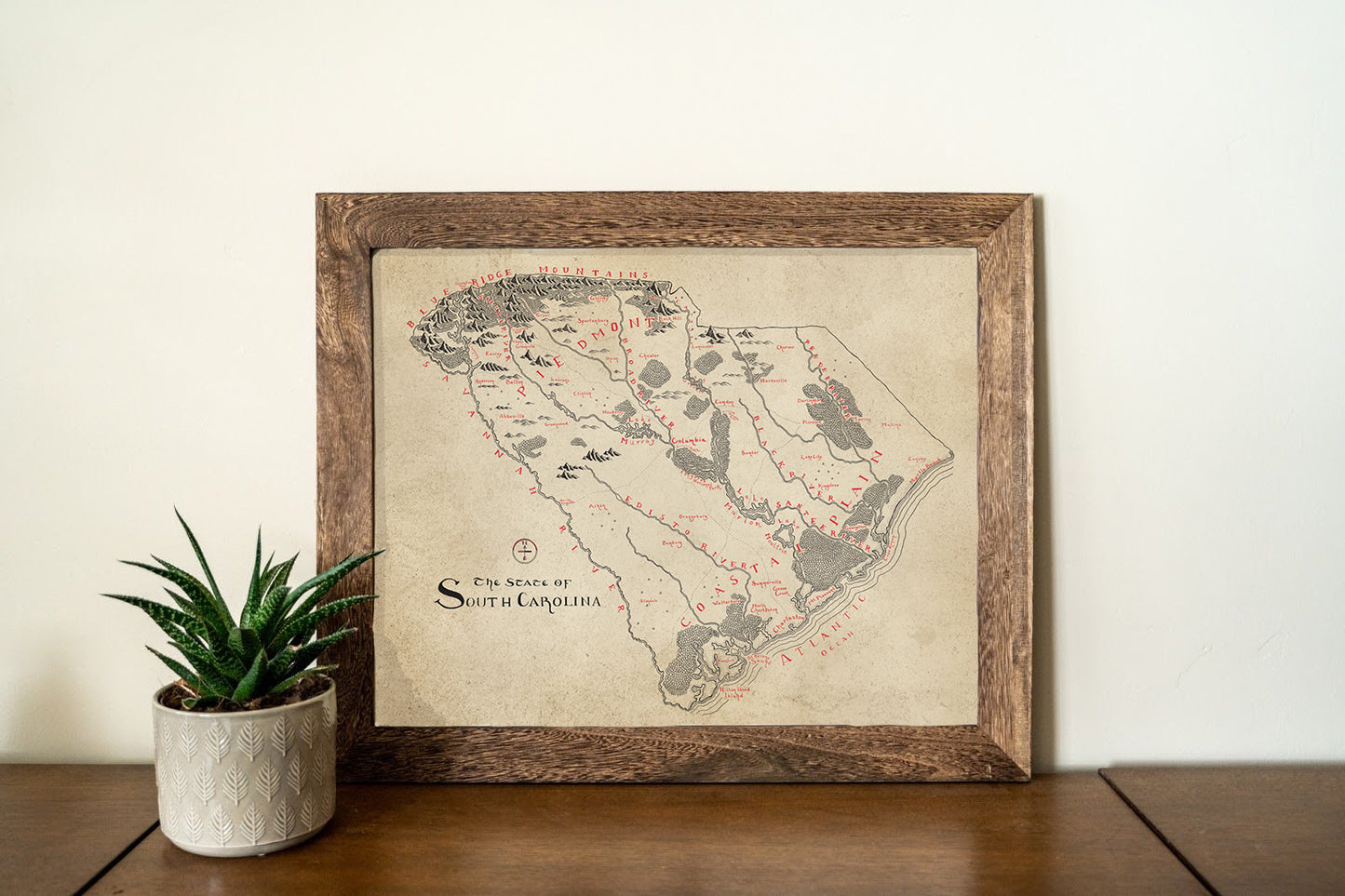 The South Carolina Map by Lord of Maps, a framed hand-drawn print with stylized markings and labels, is displayed on a wooden surface beside a potted succulent against a plain light-colored wall.