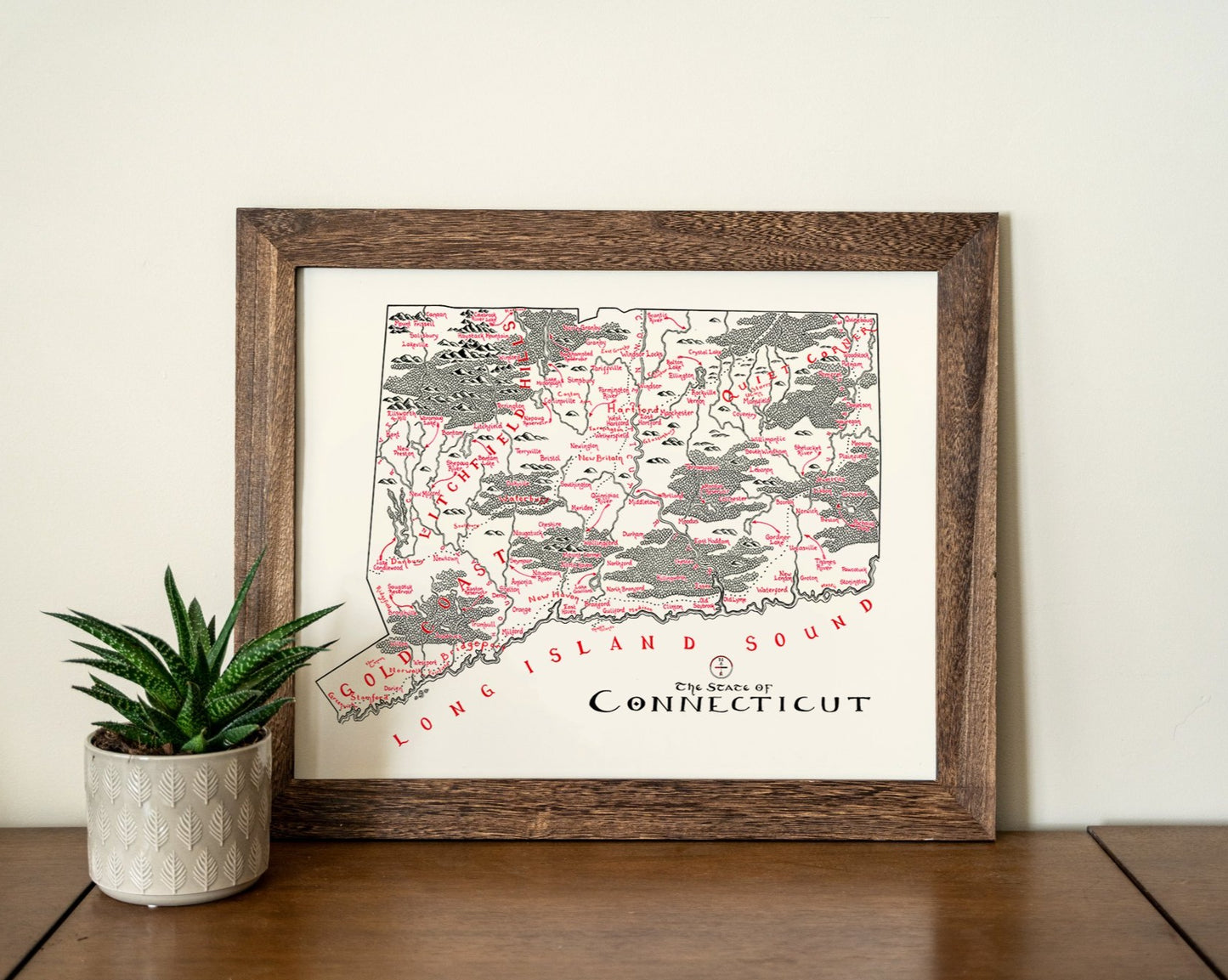 The Lord of Maps Connecticut Map, a framed vintage-style hand-drawn print with red and black details, leans against a light wall on a wooden surface beside a small potted succulent.