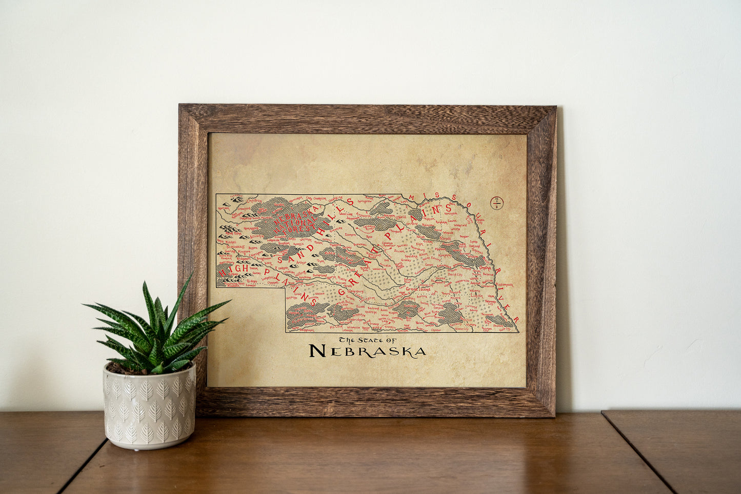 The Lord of Maps Nebraska Map, a framed vintage hand-drawn print, is displayed on a wooden surface beside a small succulent, set against a plain white wall.