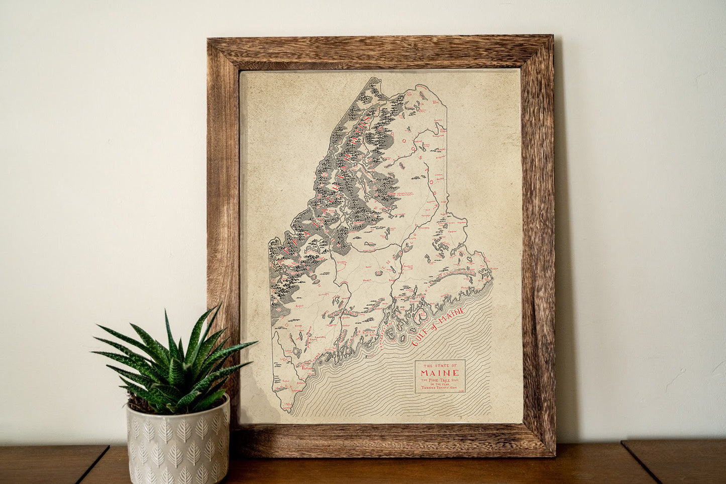 The Lord of Maps "Maine Map" vintage-style framed print sits on a wooden surface beside a spiky green succulent in a white textured pot, set against a plain light wall.