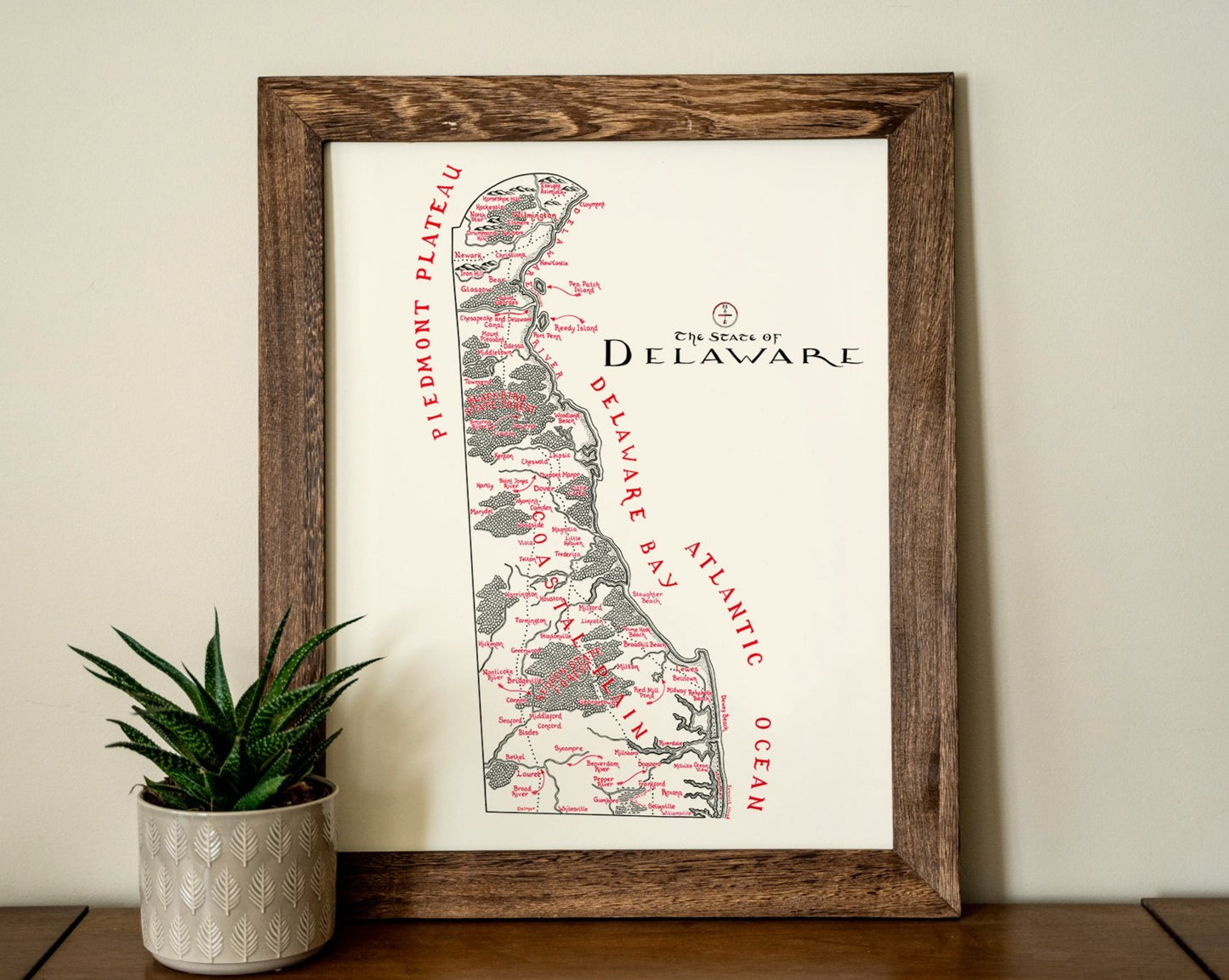 The Lord of Maps Delaware Map features a framed print with labeled regions—Piedmont Plateau, Delaware Bay, and Atlantic Ocean—displayed on a wooden surface beside a small potted plant, making it perfect unique wall art for your space.