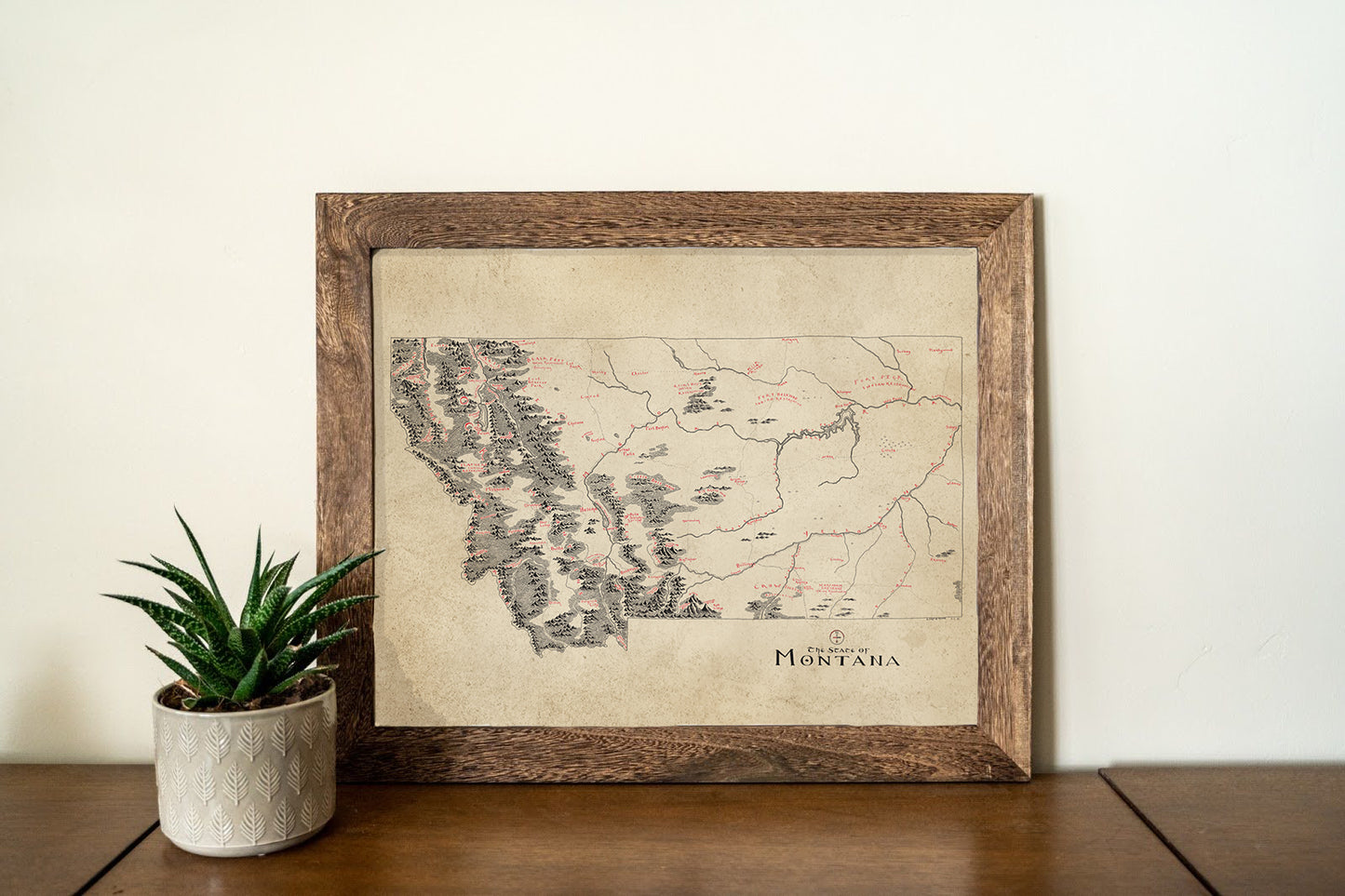 The Lord of Maps Montana Map, a vintage-style framed print, rests on a wooden surface beside a small potted succulent against a plain white wall.