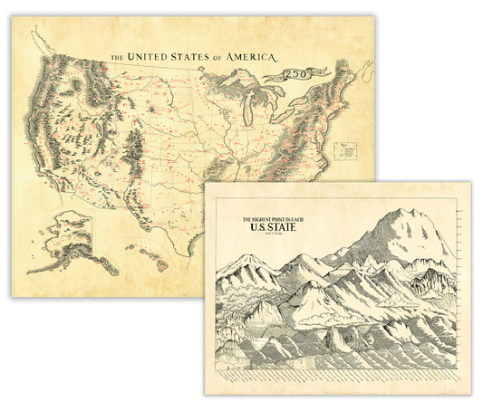 usa map and the highest mountains in each us state map on white background