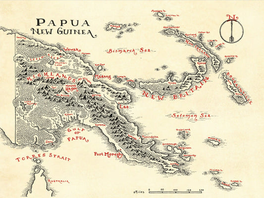 Vintage-style illustrated map of Papua New Guinea by Lord of Maps, showcasing mountains, rivers, and key sites like Port Moresby and New Britain. Ideal for Daily Map club members or monthly subscribers. Bold black and red labels.