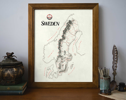 The Sweden Map by Lord of Maps is a hand-drawn print featuring labeled regions, mountains, and bodies of water. Displayed in elegant wooden frames, it adds a vintage touch to your desk among books, antique items, and writing tools.