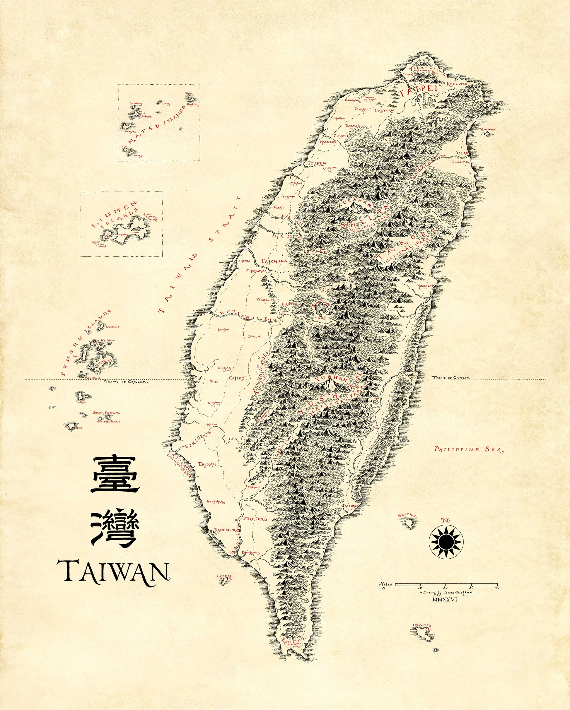 Lord of Maps' Taiwan Map is a high-quality, vintage-style art print featuring hand-drawn mountains, rivers, and cities labeled in English and Chinese, with insets of nearby islands. "Taiwan" appears boldly on the left; compass rose and scale at bottom right.