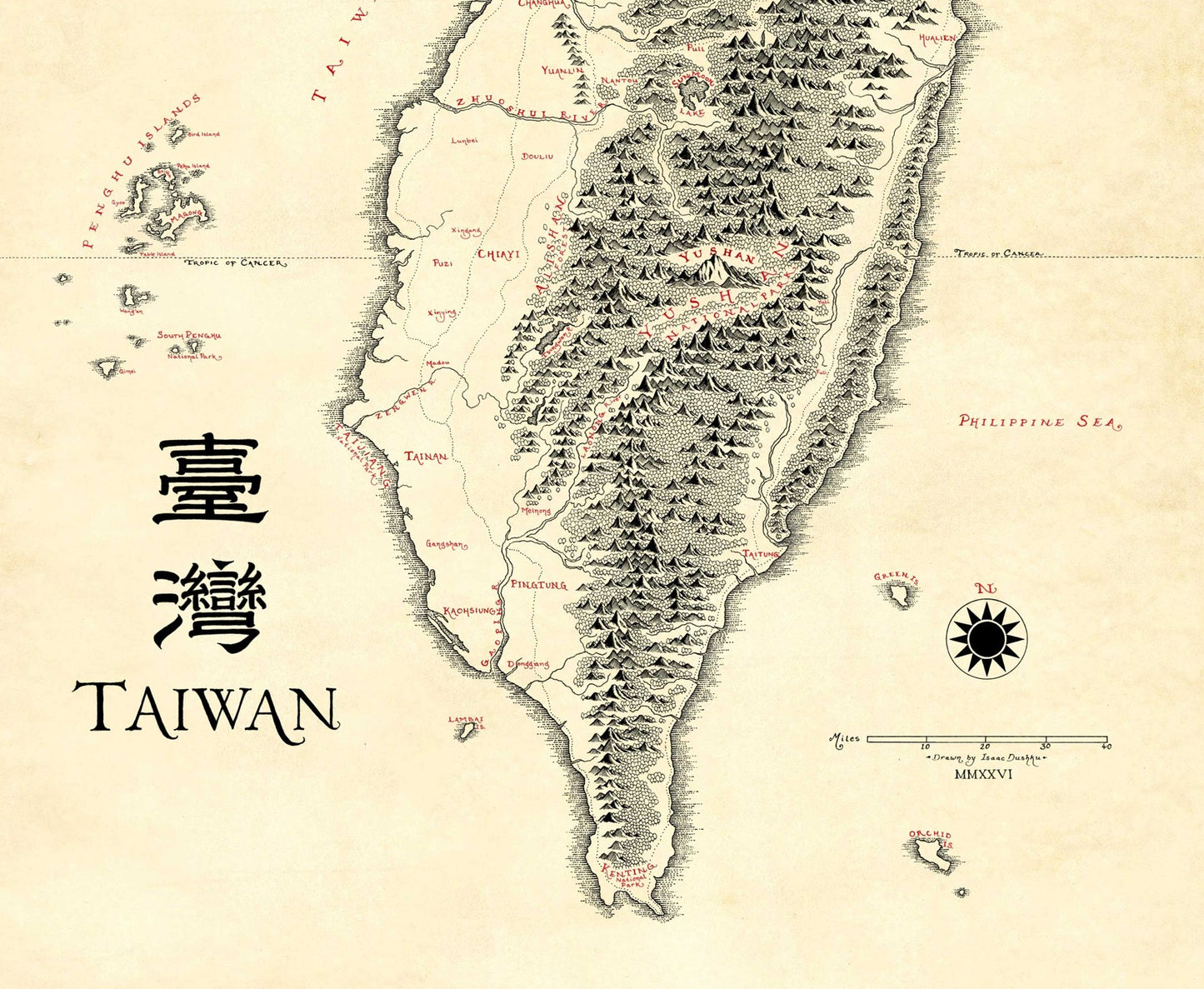 The Lord of Maps Taiwan Map features a vintage hand-drawn style in beige, showing mountain ranges, rivers, major cities, dual-language labels, compass rose, and scale bar. The Philippine Sea appears to the east—ideal as a high-quality print.