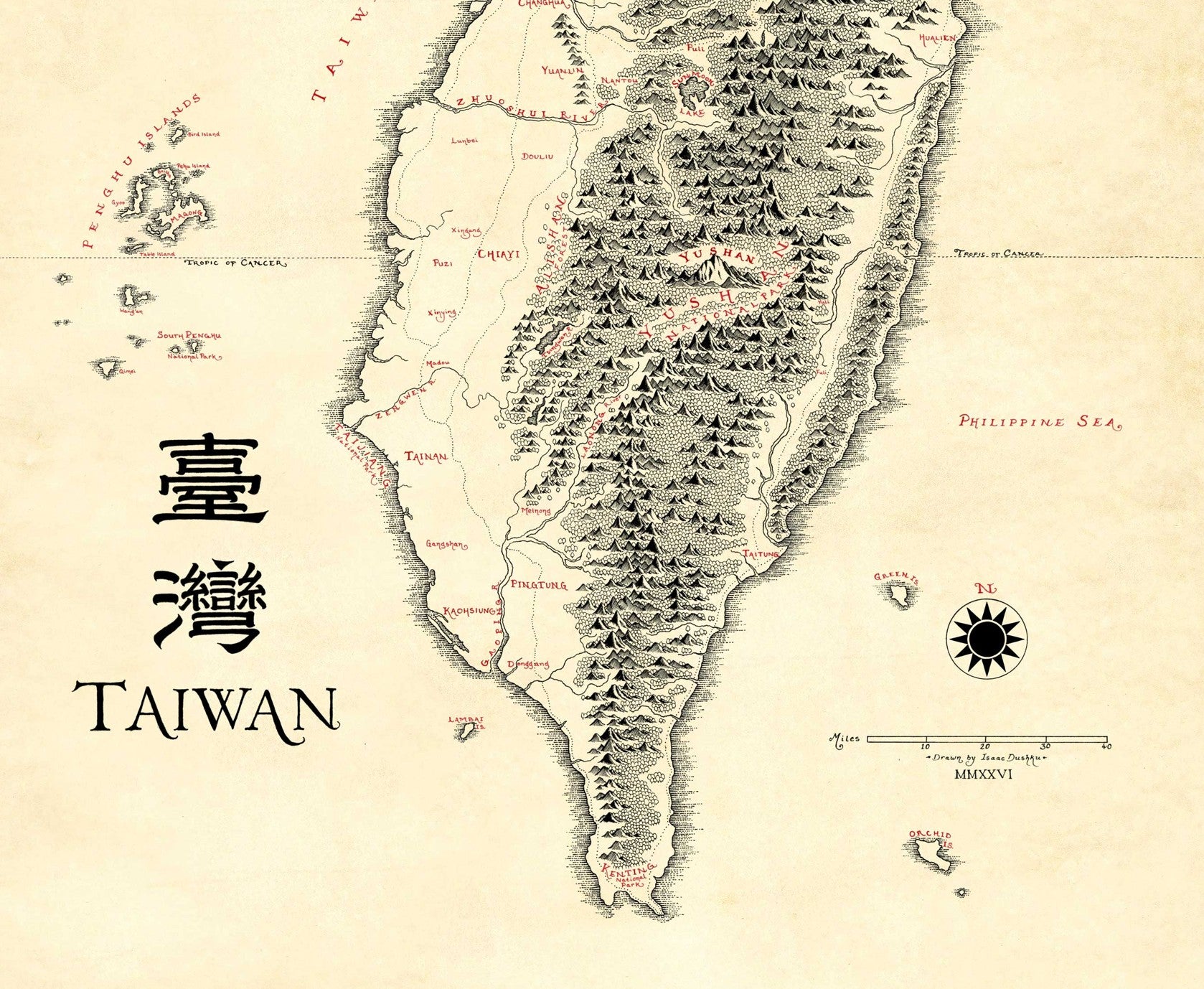 The Lord of Maps Taiwan Map features a vintage hand-drawn style in beige, showing mountain ranges, rivers, major cities, dual-language labels, compass rose, and scale bar. The Philippine Sea appears to the east—ideal as a high-quality print.