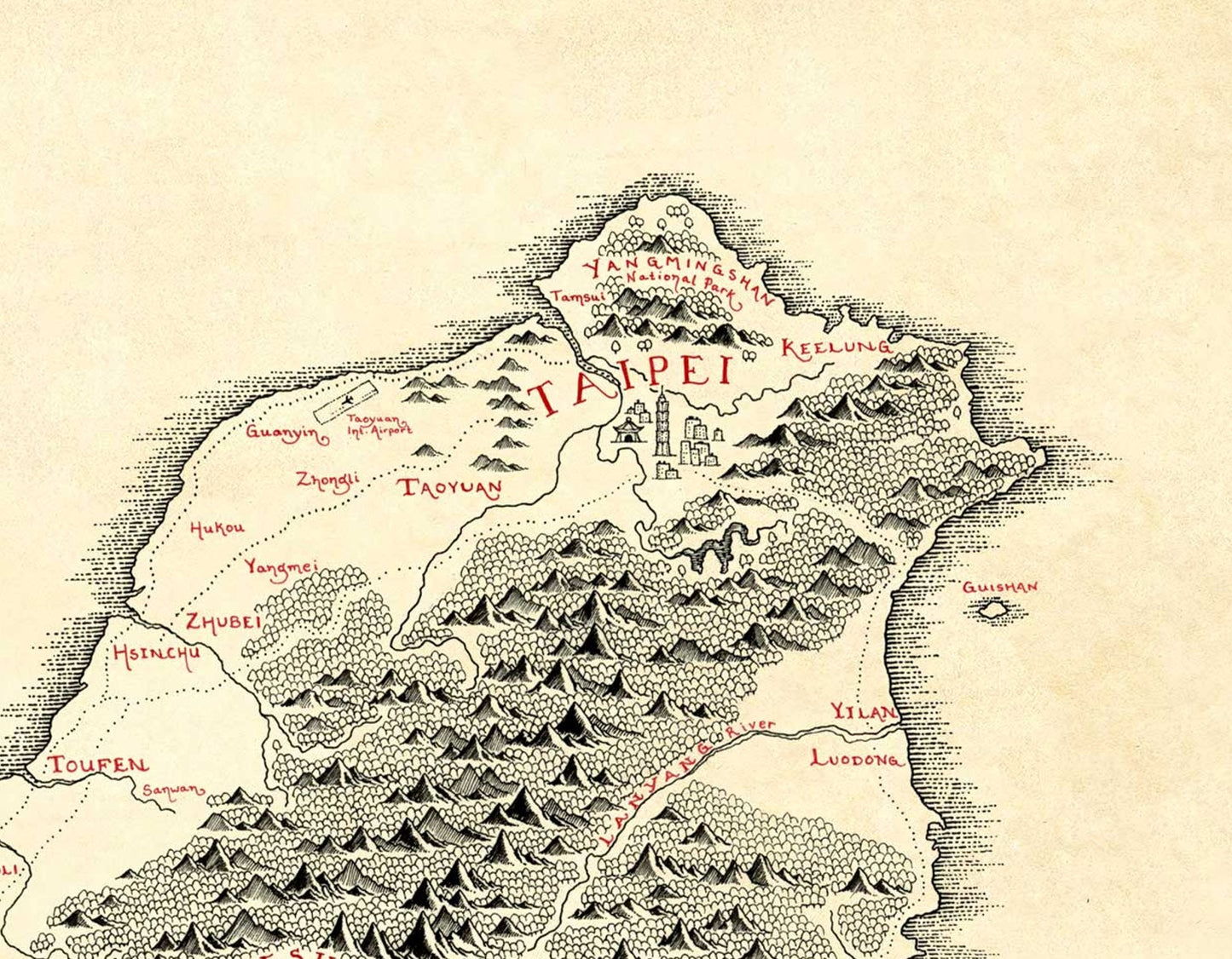 The Lord of Maps Taiwan Map is a high-quality print featuring hand-drawn mountains, forests, and towns like Taipei, Taoyuan, Keelung, and Hsinchu labeled in red—perfect for artful display.