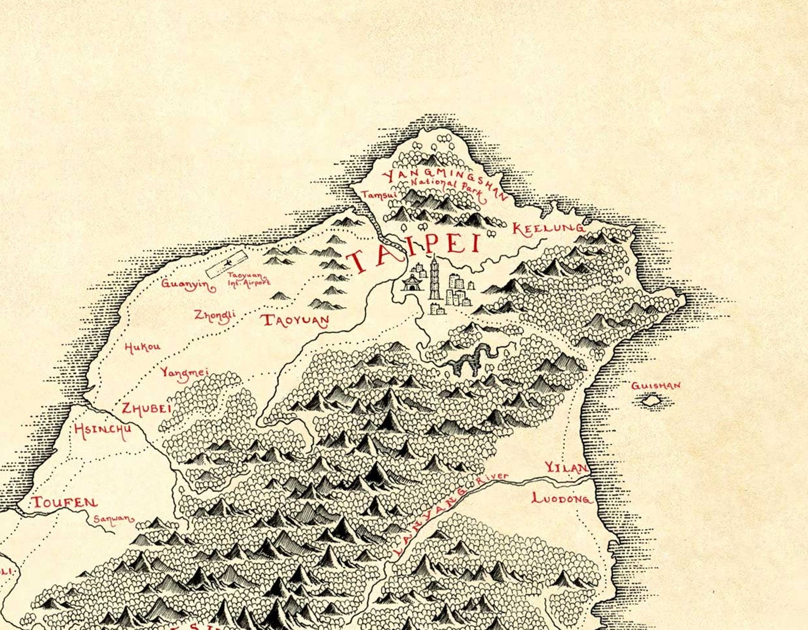 The Lord of Maps Taiwan Map is a high-quality print featuring hand-drawn mountains, forests, and towns like Taipei, Taoyuan, Keelung, and Hsinchu labeled in red—perfect for artful display.