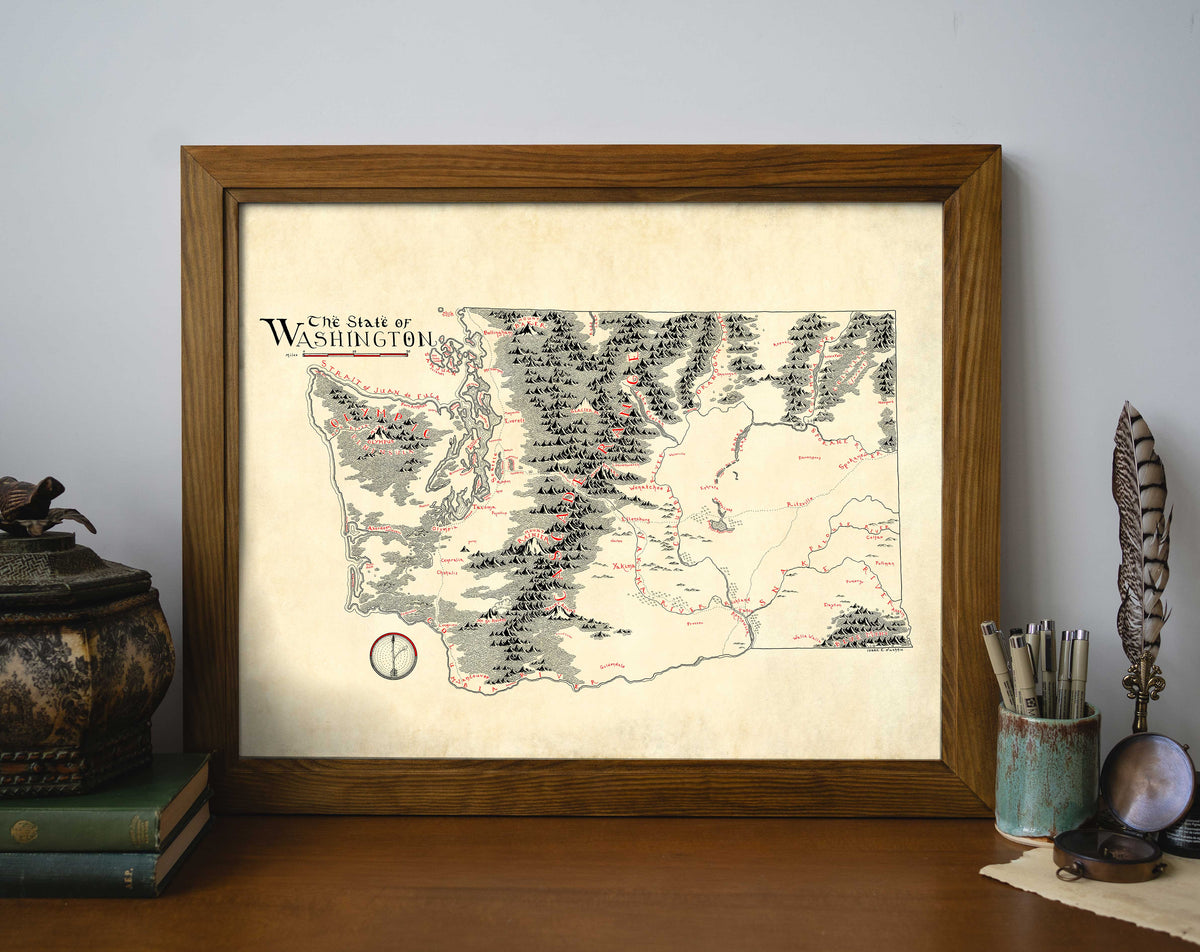 Hand drawn map of Washington State in a Fantasy Style – Lord of Maps