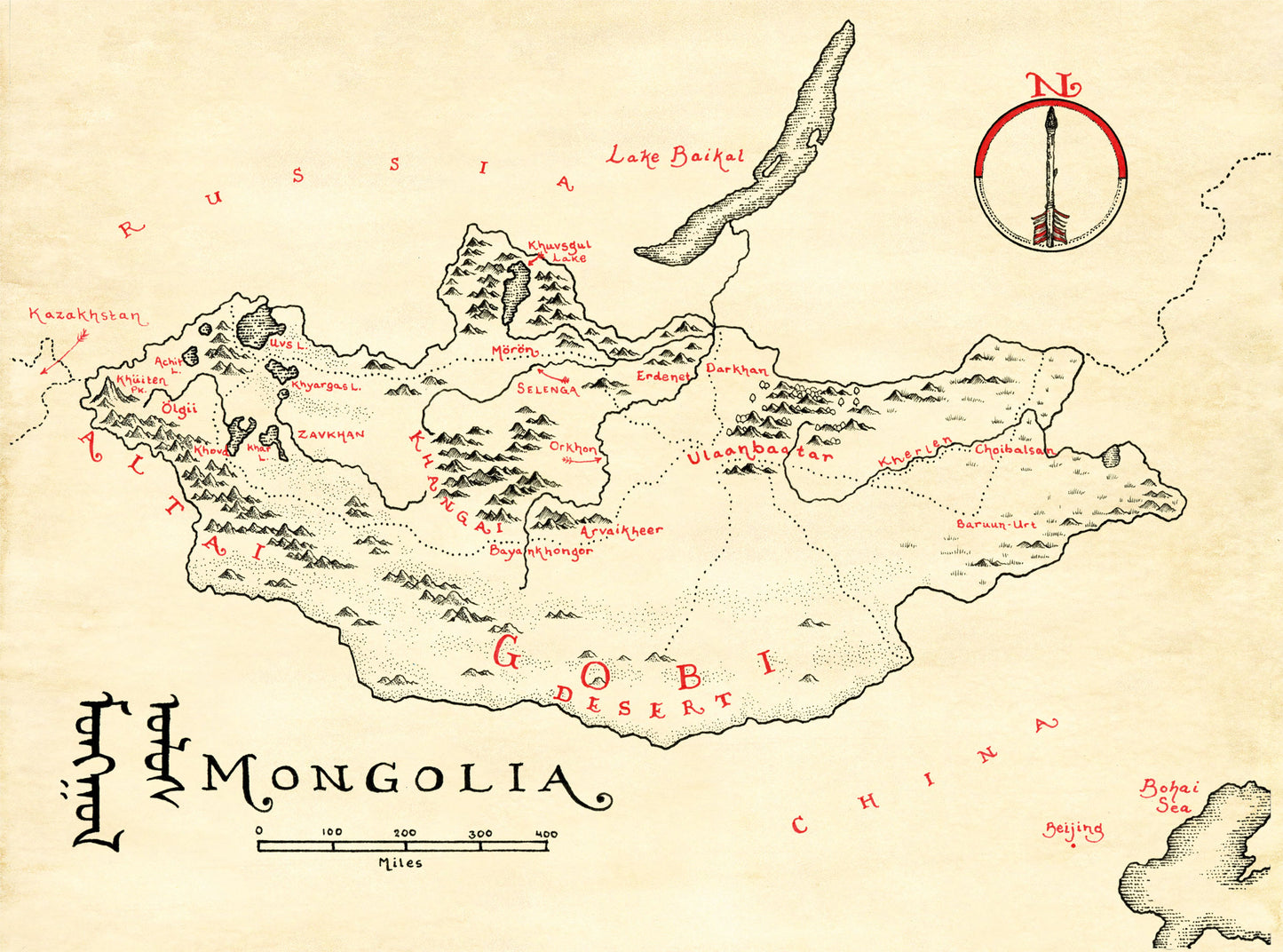 Lord of Maps' Monthly Map Club features a vintage-style, hand-drawn map of Mongolia with English and Mongolian script labels, major cities, the Gobi Desert, mountains, Lake Baikal, landmarks, and a decorative compass rose.