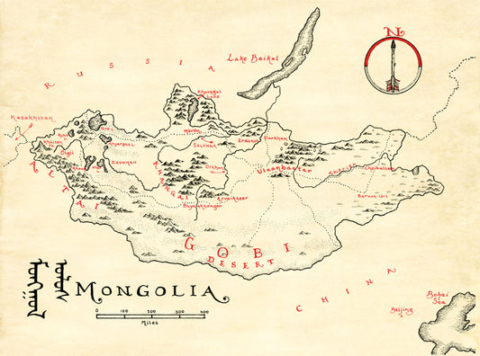 Lord of Maps' Monthly Map Club features a vintage-style, hand-drawn map of Mongolia with English and Mongolian script labels, major cities, the Gobi Desert, mountains, Lake Baikal, landmarks, and a decorative compass rose.