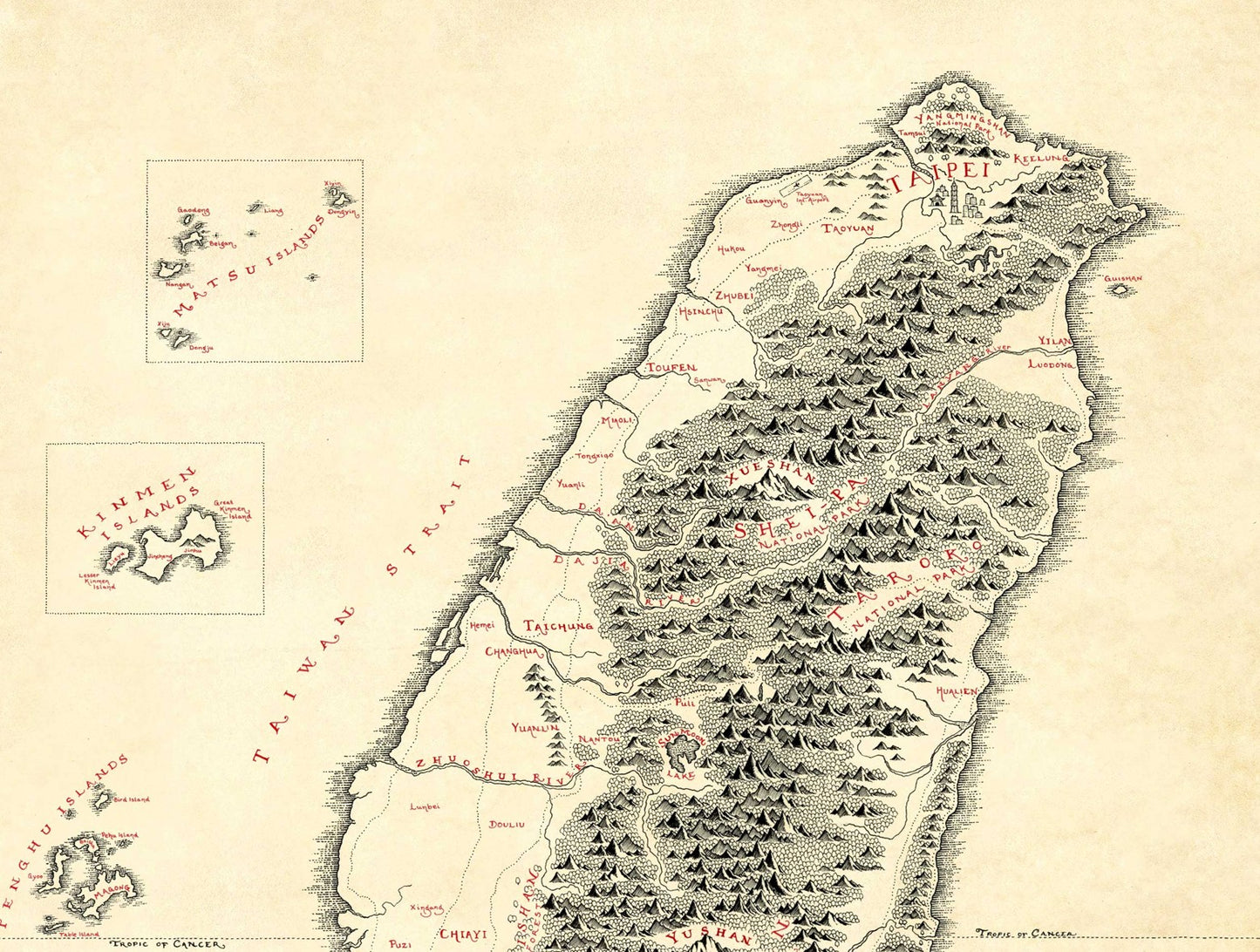 The Lord of Maps Taiwan Map is a high-quality print featuring an antique-style, hand-drawn design with mountains, rivers, cities like Taipei, Kaohsiung, Taichung, plus inset maps of the Pescadores and Tamsui Islands.